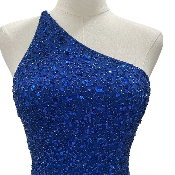 Mac Duggal Blue Fringe Sequin Dress Size 0 One Shoulder Party NYE Cocktail Glam - Picture 8 of 14